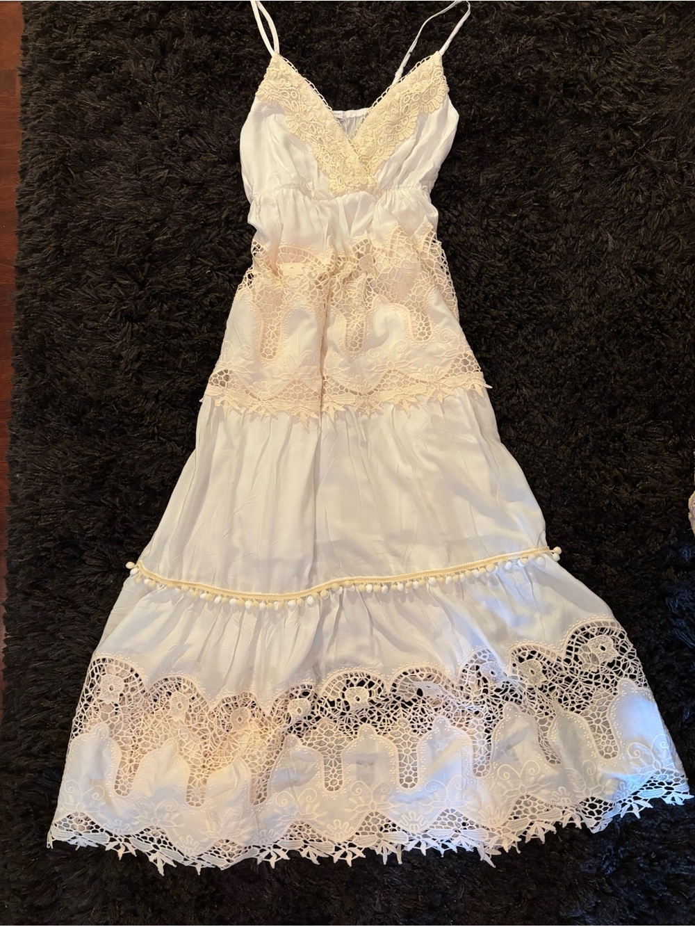 Off White Lace Trim Maxi Adjustable Strap Sun Dress with Cream Accents